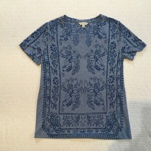 Lucky Brand Blue Paisley Print V Neck Short Sleeve T Shirt Women XS